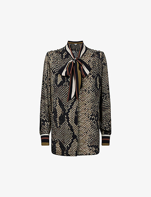 REISS: Emmy snake-print stretch-woven blouse