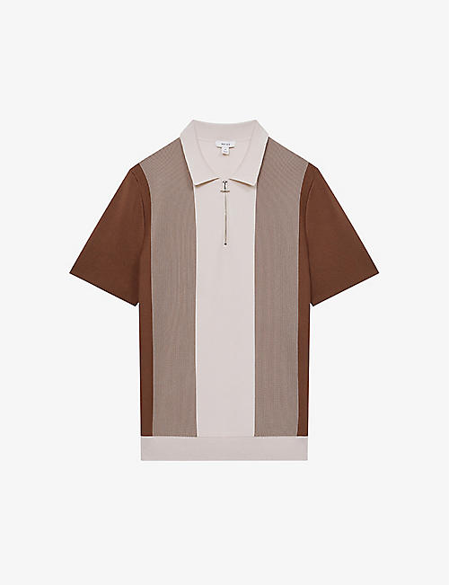 REISS: Milton striped zipped-collar stretch-woven polo shirt