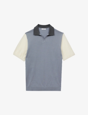 Reiss Mens Porcelain Blue Stoneleigh Colour-blocked Wool Polo Shirt