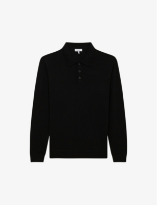 Reiss Womens Black Trafford Polo-collar Slim-fit Merino-wool Jumper