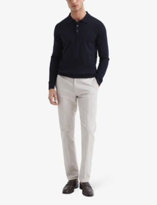 Shop Reiss Mens  Trafford Polo-collar Slim-fit Merino-wool Jumper In Navy