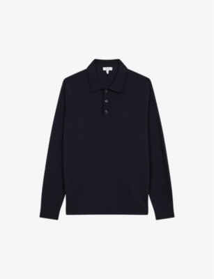 Reiss Womens Navy Trafford Polo-collar Slim-fit Merino-wool Jumper