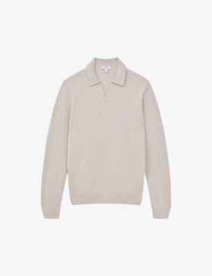 Reiss Mens Oatmeal Melange Swifts Open-collar Wool Top