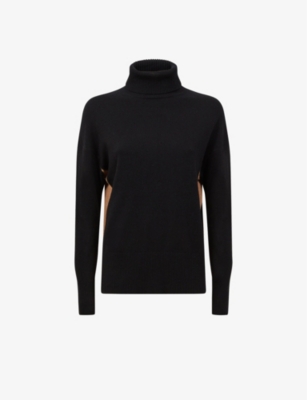 Reiss Alexis Roll-neck Contrast-panel Wool Jumper In Black/camel