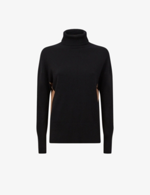 Reiss Alexis Roll-neck Contrast-panel Wool Jumper In Black/camel