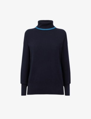 Reiss Alexis Roll-neck Contrast-panel Wool Jumper In Navy/blue