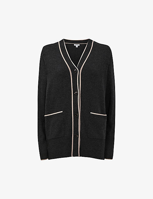 REISS: Carly V-neck contrast-trim wool-blend cardigan