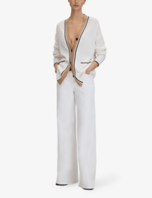 Shop Reiss Women's Ivory/black Carly V-neck Contrast-trim Wool-blend Cardigan