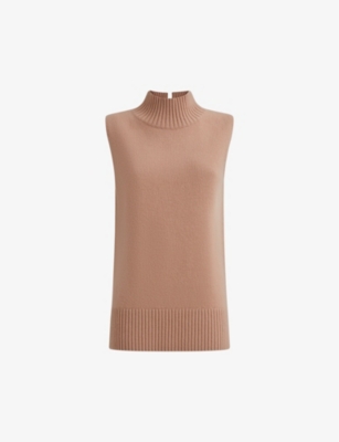 REISS REISS WOMEN'S CAMEL GAZELLE HIGH-NECK SLEEVELESS WOOL AND CASHMERE-BLEND JUMPER