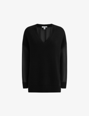 REISS REISS WOMEN'S BLACK SHELLY SEMI-SHEER PANEL WOOL-BLEND JUMPER