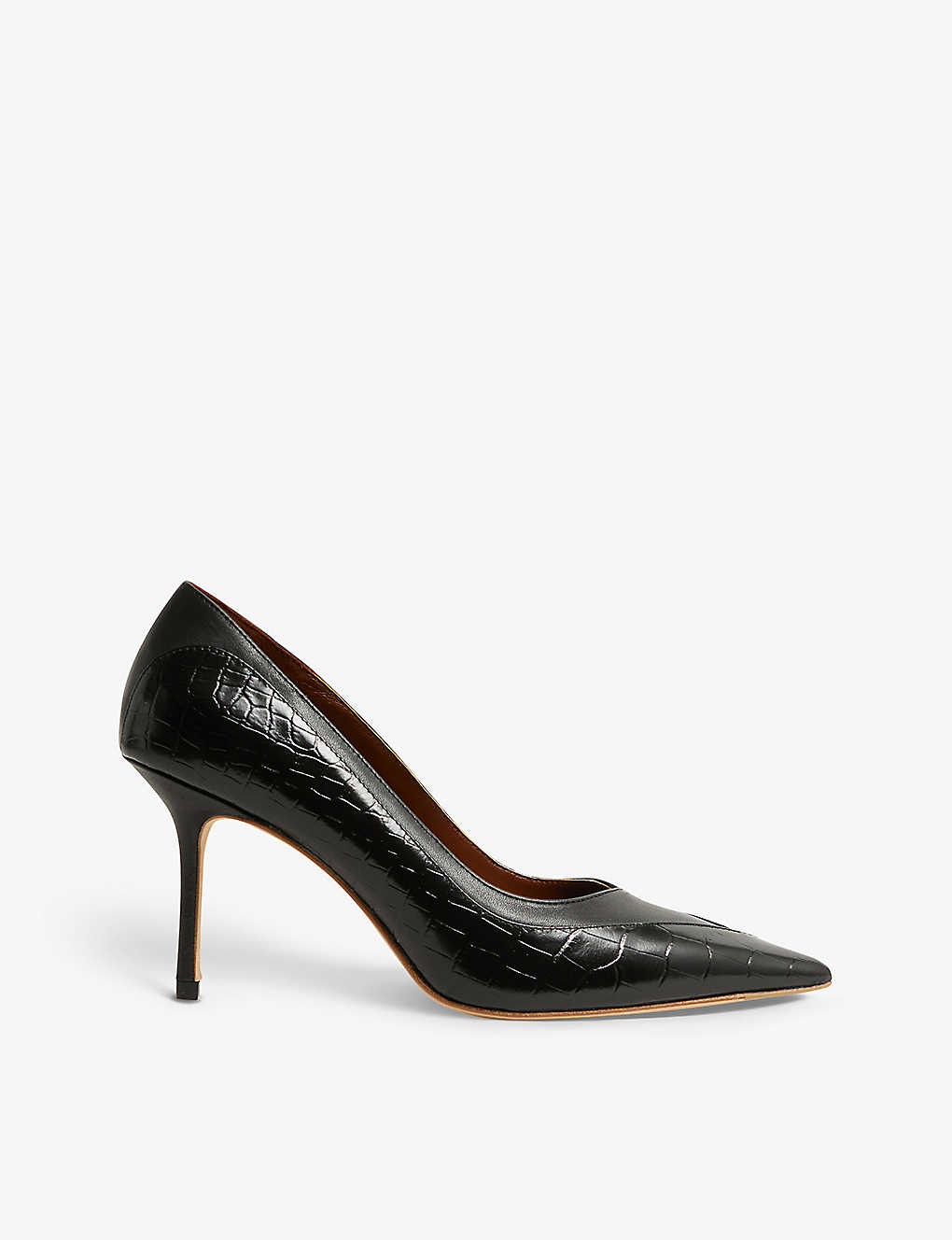 Shop Reiss Women's Black Gwyneth Croc-embossed Leather Heeled Courts
