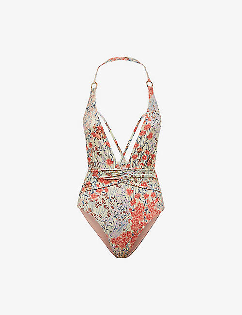 REISS: Isla floral-print plunge-neck swimsuit
