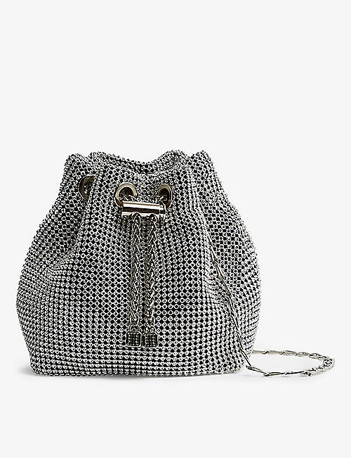 REISS: Demi crystal-embellished woven mini bucket bag