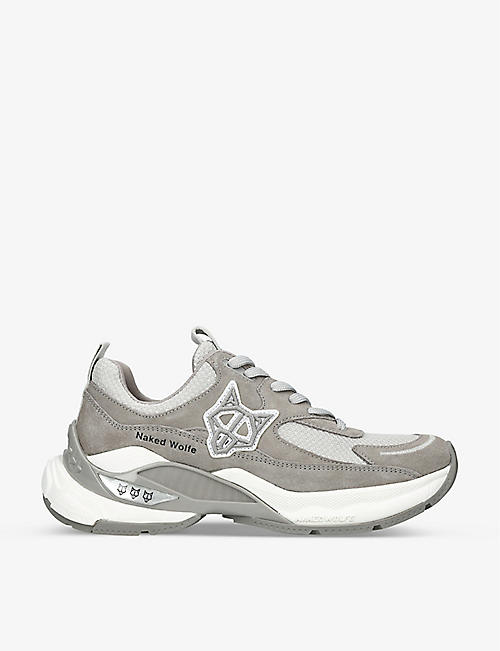 NAKED WOLFE: Super Grey suede and mesh low-top trainers