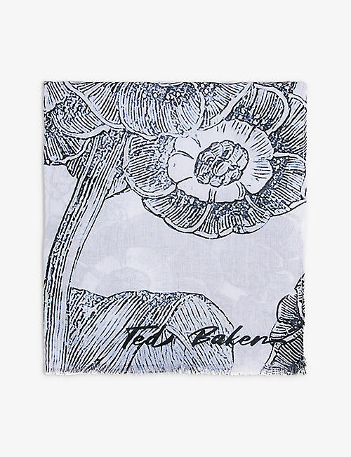 TED BAKER: Kylieee floral-print herringbone-weave woven scarf 190cm x 110cm