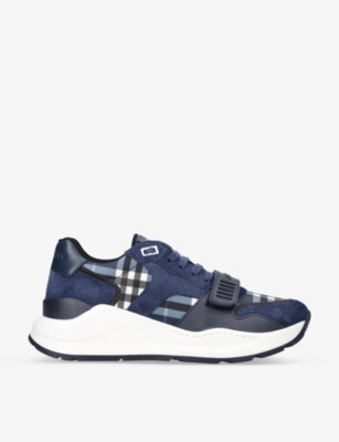 Burberry Mens Blue Other Ramsey Leather And Cotton-canvas Low-top Trainers