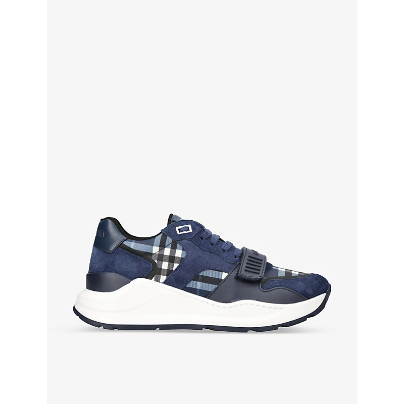 Burberry Mens Blue Other Ramsey Leather And Cotton-canvas Low-top Trainers