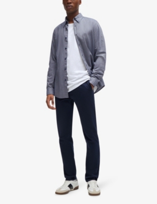 Shop Hugo Boss Mens Dark Blue Casual Slim-fit Straight-leg Stretch-cotton Trousers