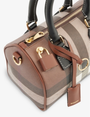 Check-print mini woven and leather top-handle bowling bag