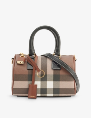 BURBERRY: Check-print mini woven and leather top-handle bowling bag