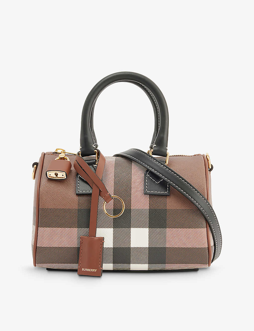 Burberry Dark Birch Brown Chk Check-print Mini Woven And Leather Top-handle Bowling Bag