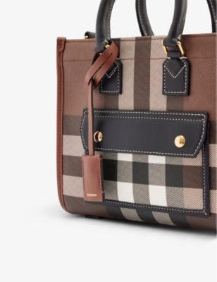 BURBERRY: Freya mini check-print woven and leather top-handle bag