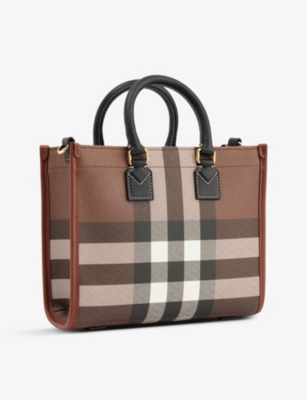 BURBERRY Freya mini check-print woven and leather top-handle bag