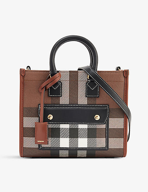 BURBERRY: Freya mini check-print woven and leather top-handle bag