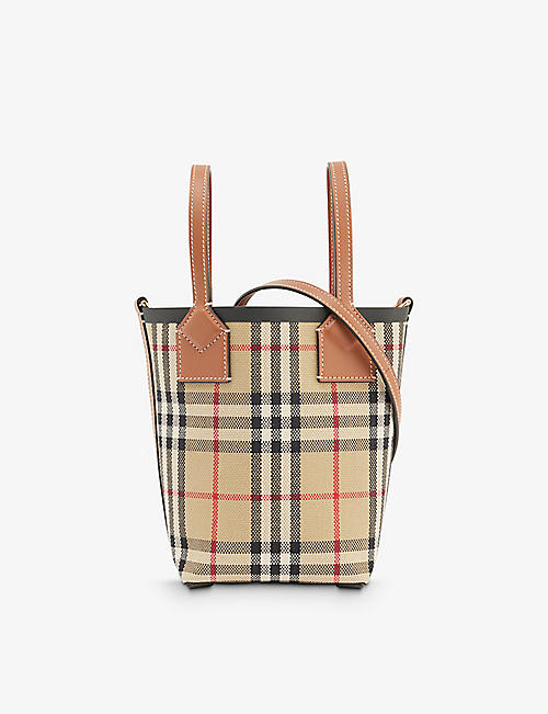 BURBERRY: London mini cotton-blend and leather top-handle bag