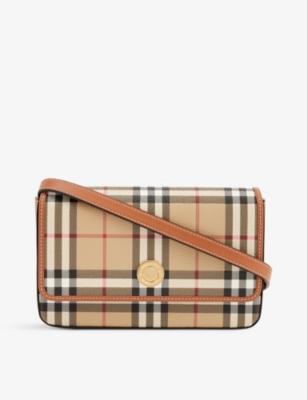 Shop Burberry Hampshire Check-print Woven And Leather Shoulder Bag In Archive Beige