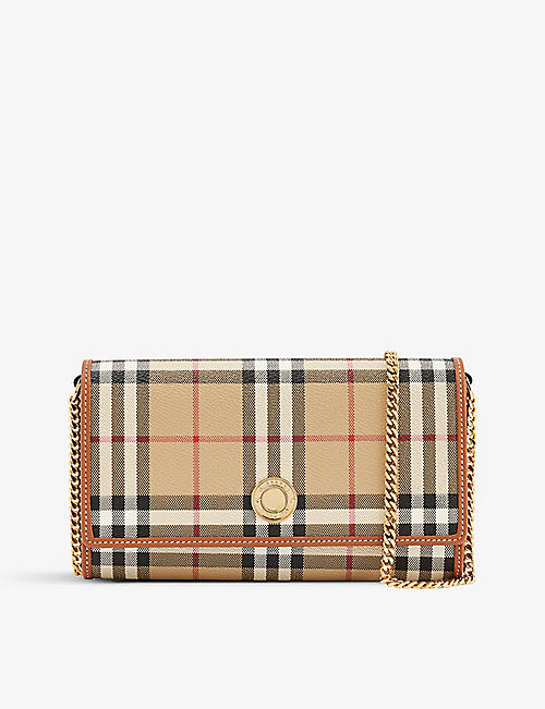 BURBERRY: Hannah check-print woven and leather wallet-on-chain