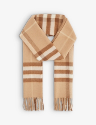 Burberry Womens Mid Camel Giant Check Fringed Cashmere Scarf