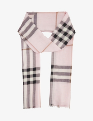 Burberry Womens Pale Candy Pink Giant Check Fringed Wool And Silk-blend Scarf