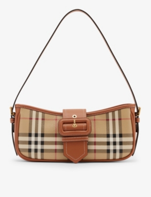 BURBERRY Check-print mini woven and leather top-handle bowling bag