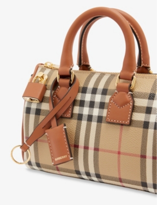 Shop Burberry Vntg Chk/briar Brown Checked Mini Faux-leather Bowling Bag