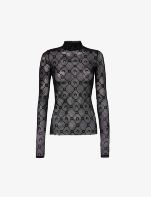 Marine Serre Black Sheer Top With Flocked Monogram In Bk99