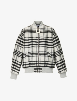 JW ANDERSON JW ANDERSON WOMEN'S WHITE CHECK-PATTERN BRUSHED-TEXTURE WOOL-BLEND JACKET,67910725