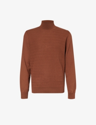 Corneliani Mens Burnt Orange Roll-neck Textured-knit Wool Jumper