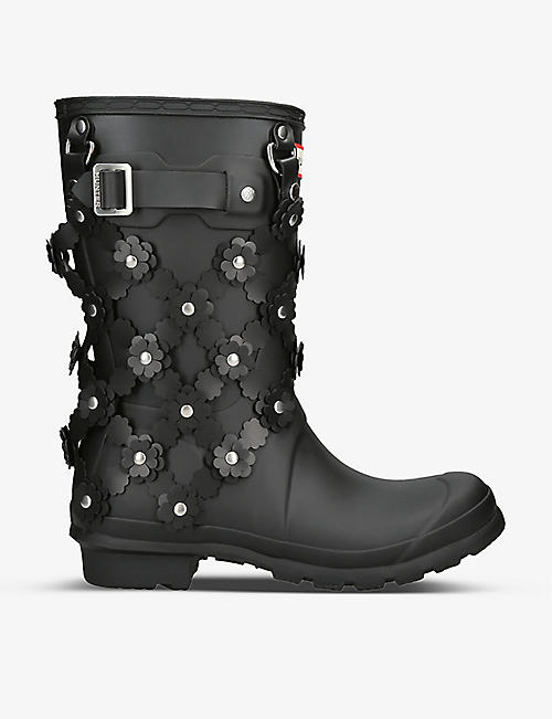 COMME DES GARCONS: Harness Flower hardware-embellished faux-leather heeled boots
