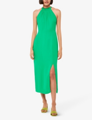 Shop Whistles Eliza Halterneck Side-slit Woven Midi Dress In Green
