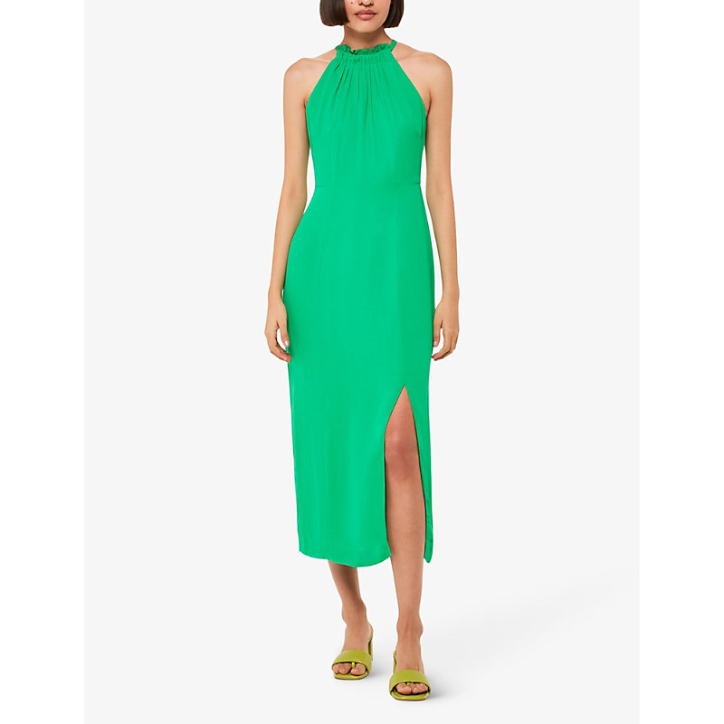 Shop Whistles Eliza Halterneck Side-slit Woven Midi Dress In Green