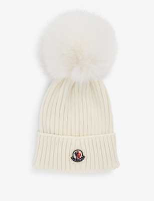 MONCLER MONCLER GIRLS WHITE KIDS LOGO-PATCH POM-POM WOOL BEANIE 4-10 YEARS,67943457