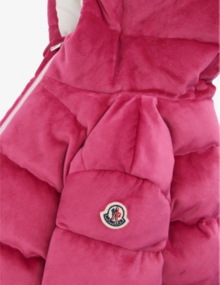 Shop Moncler Pink Daos Brand-patch Stretch-velour Down Jacket 12 Months - 3 Years