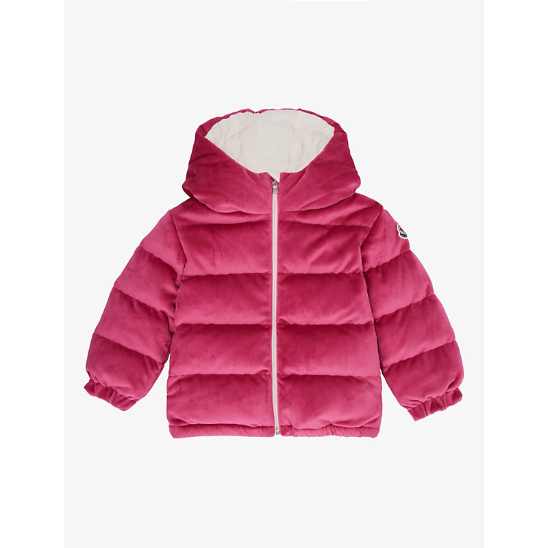 Shop Moncler Pink Daos Brand-patch Stretch-velour Down Jacket 12 Months - 3 Years