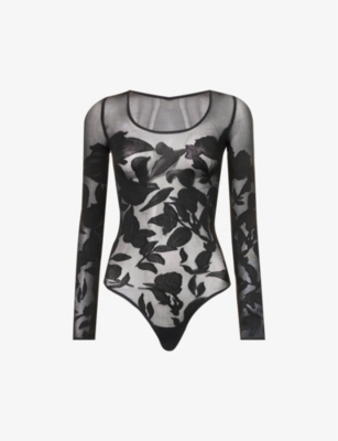 WOLFORD WOLFORD WOMEN'S BLACK/BLACK SCOOP-NECK FLORAL-PRINT STRETCH-MESH BODY