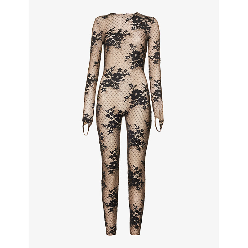 WOLFORD WOLFORD WOMENS VANILLA LATTE/BLACK X N21 PATTIE FLORAL-LACE STRETCH-MESH JUMPSUIT