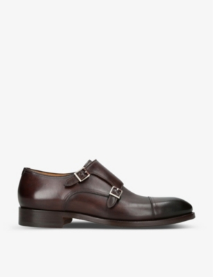 Magnanni Mens Brown Double-strap Stitch-detailing Grained-leather Monk Shoes