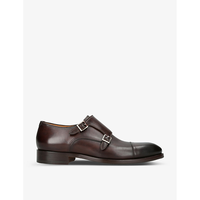 Magnanni Mens Brown Double-strap Stitch-detailing Grained-leather Monk Shoes