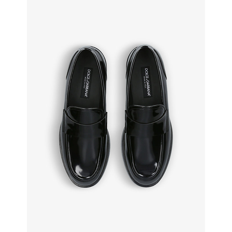 Shop Dolce & Gabbana Mens Black Round-toe Patent-leather Penny Loafers