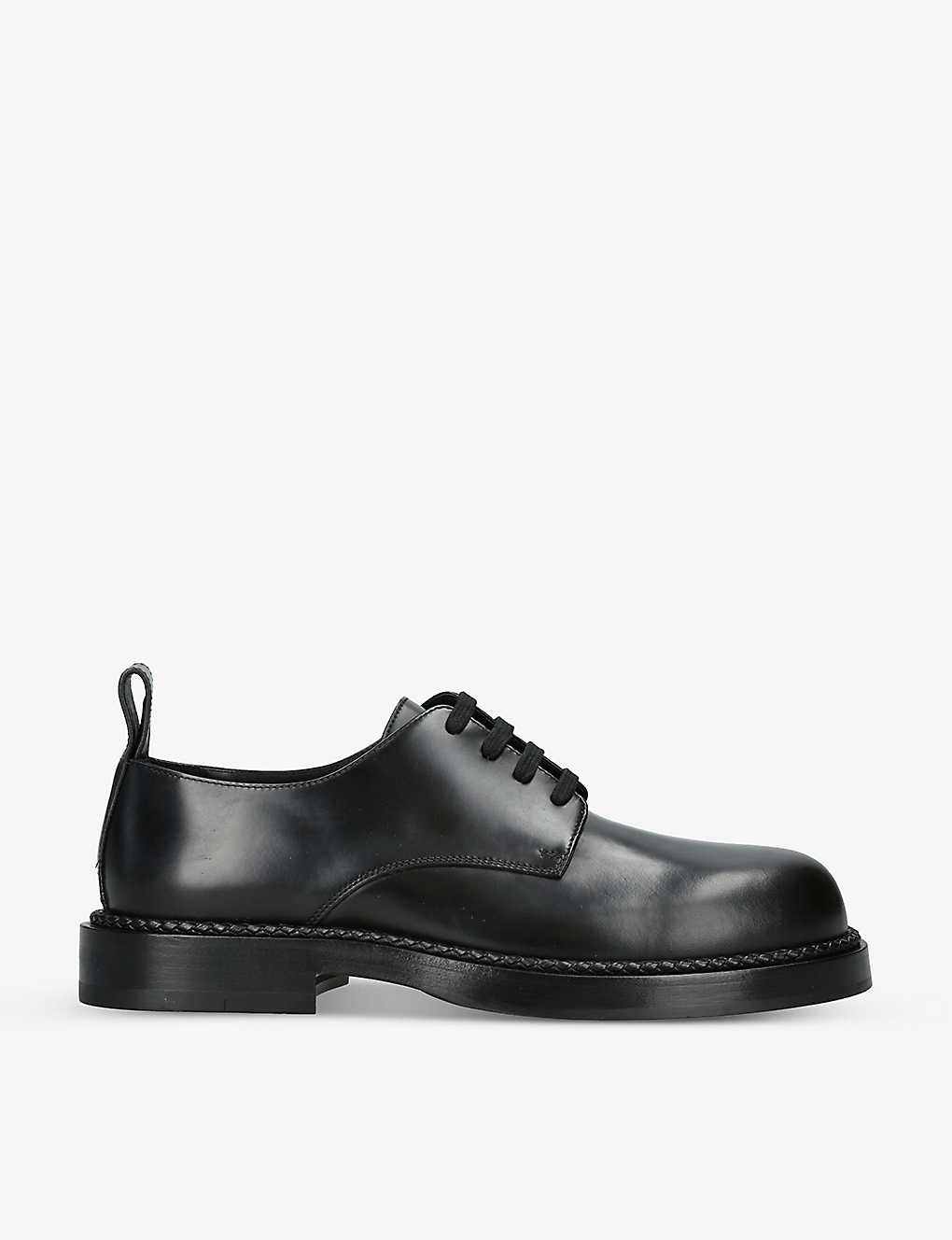 Shop Bottega Veneta Men's Black Strut Braided-trim Leather Derby Shoes